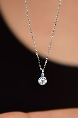 925 Ayar Gümüş Rodyum Kaplama Göz Mineli Zirkon Taşlı Yuvarlak Tektaş Kolye