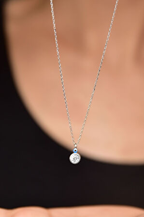 925 Ayar Gümüş Rodyum Kaplama Göz Mineli Zirkon Taşlı Yuvarlak Tektaş Kolye