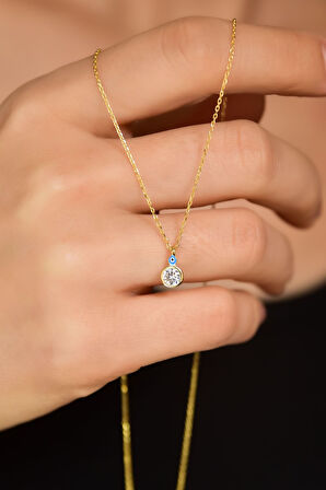 925 Ayar Gümüş Gold Kaplama Göz Mineli Zirkon Taşlı Yuvarlak Tektaş Kolye