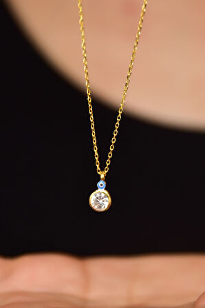 925 Ayar Gümüş Gold Kaplama Göz Mineli Zirkon Taşlı Yuvarlak Tektaş Kolye