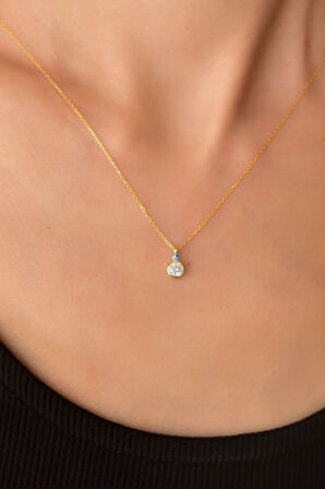 925 Ayar Gümüş Gold Kaplama Göz Mineli Zirkon Taşlı Yuvarlak Tektaş Kolye