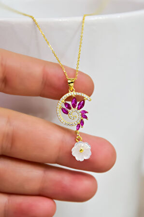 925 Ayar Gümüş Gold Kaplama Pembe Taşlı Tasarım Sedef Manolya Çiçeği Kolye