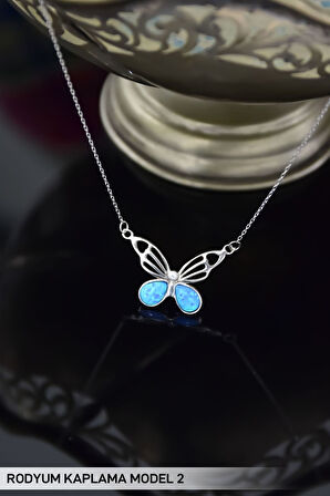 925 Ayar Gümüş Rodyum Kaplama Opal Taşlı Kelebek Kolye Model 2