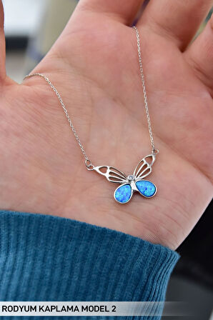 925 Ayar Gümüş Rodyum Kaplama Opal Taşlı Kelebek Kolye Model 2