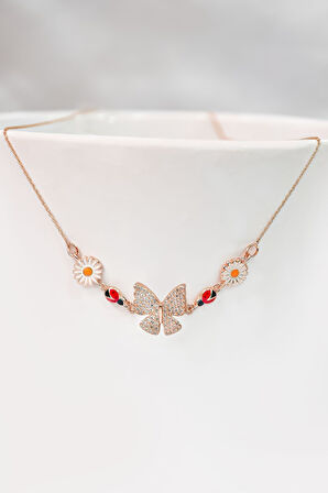 925 Ayar Gümüş Rose Kaplama Mineli Papatya Uğur Böceği Kelebek Kolye