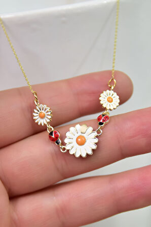 925 Ayar Gümüş Gold Kaplama Mineli Papatya Uğur Böceği Kolye