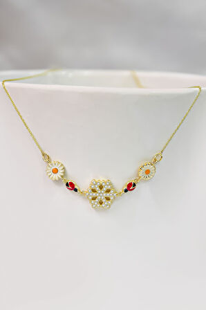 925 Ayar Gümüş Gold Kaplama Mineli Papatya Uğur Böceği Kar Tanesi Kolye