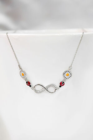 925 Ayar Gümüş Rodyum Kaplama Mineli Uğur Böceği Papatya, Zirkon Taşlı Sonsuzluk Kolye