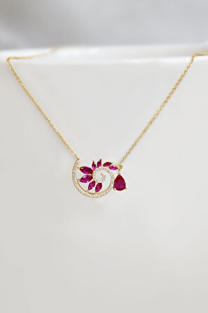 925 Ayar Gümüş Gold Kaplama Damla Pembe Taşlı Spiral Snail Tasarım Kolye