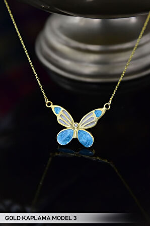 925 Ayar Gümüş Gold Kaplama Mavi Mineli Sedef Kelebek Kolye Model 3