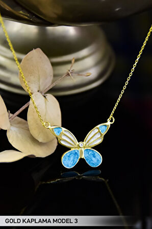 925 Ayar Gümüş Gold Kaplama Mavi Mineli Sedef Kelebek Kolye Model 3