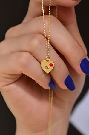 925 Ayar Gümüş Gold Kaplama M Harfli Mineli Kupa Kalp Kolye