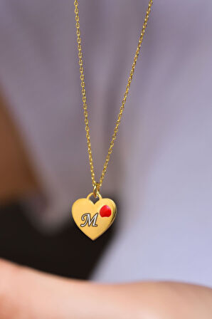 925 Ayar Gümüş Gold Kaplama M Harfli Mineli Kupa Kalp Kolye