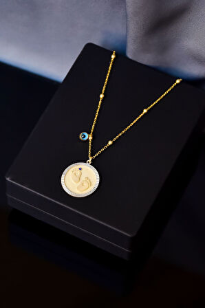 925 Ayar Gümüş Gold /rodyum Kaplama Cam Gözlü Top Zincirli Bebek Ayak Izi Lacivert Taşlı Plaka Kolye