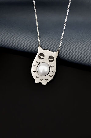 925 Ayar Gümüş Rodyum Kaplama Plaka Kesin Incili Baykuş Kolye