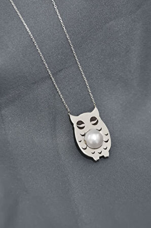 925 Ayar Gümüş Rodyum Kaplama Plaka Kesin Incili Baykuş Kolye