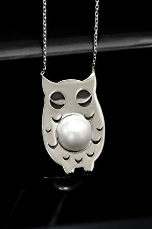 925 Ayar Gümüş Rodyum Kaplama Plaka Kesin Incili Baykuş Kolye