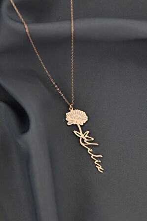 925 Ayar Gümüş Rose Kaplama Özel Tasarım Mineli Doğum Kasım Ayı Çiçeği, Isim Kolye