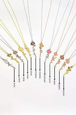 925 Ayar Gümüş Rose Kaplama Özel Tasarım Mineli Doğum Kasım Ayı Çiçeği, Isim Kolye