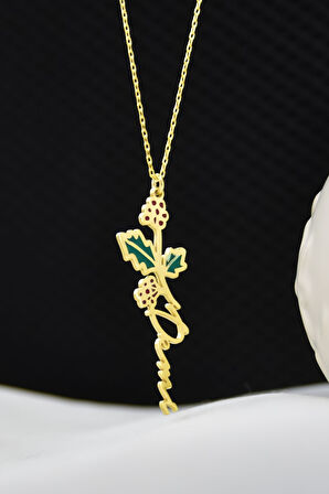 925 Ayar Gümüş Gold Kaplama Özel Tasarım Mineli Doğum Aralık Ayı Çiçeği, Isim Kolye