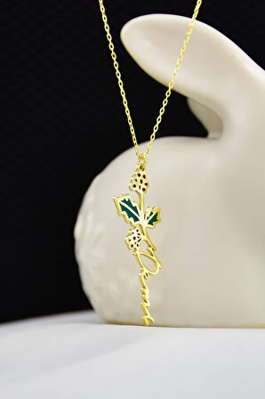 925 Ayar Gümüş Gold Kaplama Özel Tasarım Mineli Doğum Aralık Ayı Çiçeği, Isim Kolye