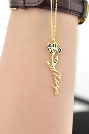 925 Ayar Gümüş Gold Kaplama Özel Tasarım Mineli Doğum Şubat Ayı Çiçeği, Isim Kolye