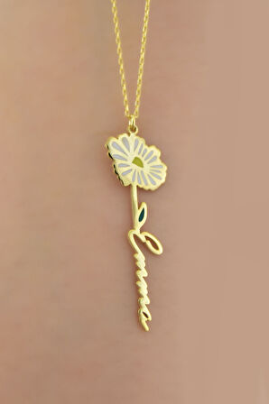 925 Ayar Gümüş Gold Kaplama Özel Tasarım Mineli Doğum Nisan Ayı Çiçeği, Isim Kolye