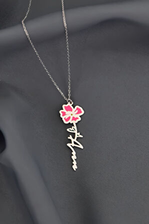 925 Ayar Gümüş Rodyum Kaplama Özel Tasarım Mineli Doğum Ağustos Ayı Çiçeği, Isim Kolye