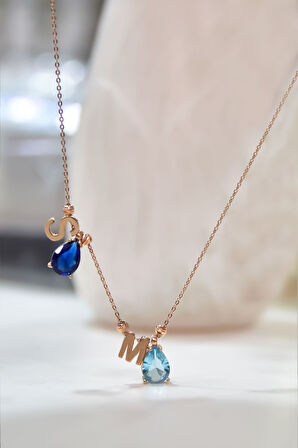 925 Ayar Gümüş Rose Kaplama Ikili Damla Doğum Ayı Dorika Toplu , Harfli Kolye