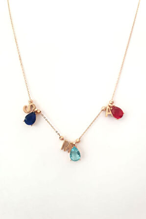 925 Ayar Gümüş Rose Kaplama Üçlü Damla Doğum Ayı Dorika Toplu , Harfli Kolye