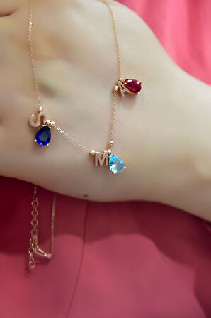 925 Ayar Gümüş Rose Kaplama Üçlü Damla Doğum Ayı Dorika Toplu , Harfli Kolye