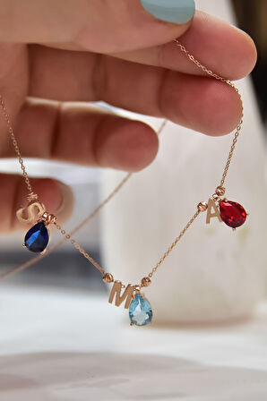 925 Ayar Gümüş Rose Kaplama Üçlü Damla Doğum Ayı Dorika Toplu , Harfli Kolye