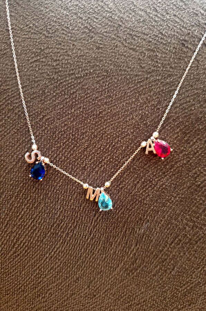 925 Ayar Gümüş Rose Kaplama Üçlü Damla Doğum Ayı Dorika Toplu , Harfli Kolye