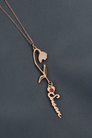 925 Ayar Gümüş Rose Kaplama Özel Tasarım Kalp Doğum Taşlı Mineli Ocak Ayı Çiçeği, Isim Kolye