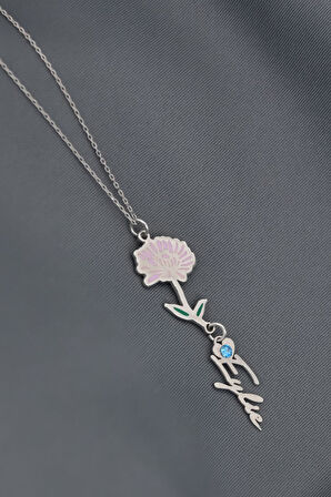 925 Ayar Gümüş Rodyum Kaplama Özel Tasarım Kalp Doğum Taşlı Mineli Kasım Ayı Çiçeği, Isim Kolye