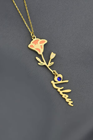 925 Ayar Gümüş Gold Kaplama Özel Tasarım Kalp Doğum Taşlı Mineli Eylül Ayı Çiçeği, Isim Kolye