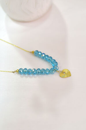 925 Ayar Gümüş Gold Kaplama Dorika Toplu, Mavi Cam Yaz Rengi Boncuk Taşlı Kristal Kesim Kalp Kolye