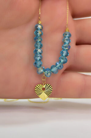 925 Ayar Gümüş Gold Kaplama Dorika Toplu, Mavi Cam Yaz Rengi Boncuk Taşlı Kristal Kesim Kalp Kolye