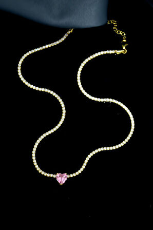 925 Ayar Gümüş Gold Kaplama Zirkon Taşlı Su Yolu, Tek Taş Kalp Kolye