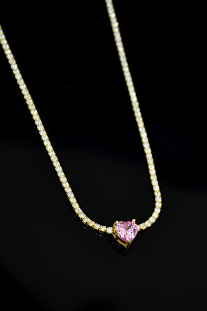 925 Ayar Gümüş Gold Kaplama Zirkon Taşlı Su Yolu, Tek Taş Kalp Kolye