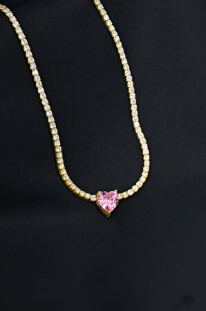 925 Ayar Gümüş Gold Kaplama Zirkon Taşlı Su Yolu, Tek Taş Kalp Kolye