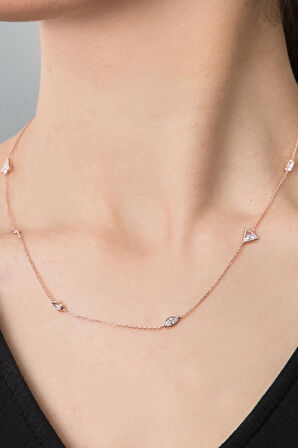 925 Ayar Gümüş Rose Kaplama Geometrik Desenli Zirkon Taşlı Zincir Kolye