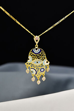 925 Ayar Gümüş Gold Kaplama Zirkon Pembe Taşlı Nazar Gözlü Mineli Fatma Eli Kolye
