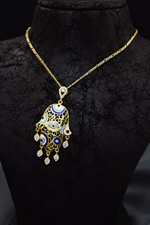 925 Ayar Gümüş Gold Kaplama Zirkon Pembe Taşlı Nazar Gözlü Mineli Fatma Eli Kolye