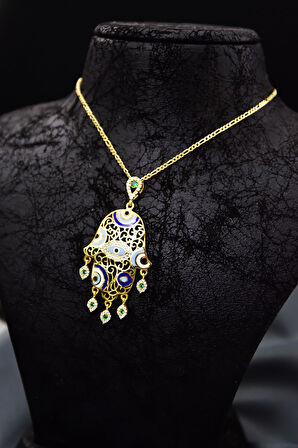 925 Ayar Gümüş Gold Kaplama Zirkon Yeşil Taşlı Nazar Gözlü Mineli Fatma Eli Kolye