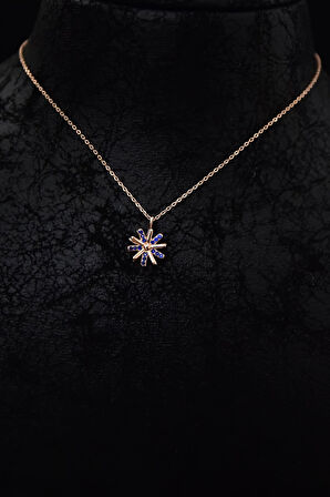 925 Ayar Gümüş Rose Kaplama Lacivert Zirkon Taşlı Dönen Güneş Kolye