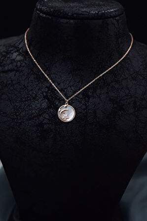 925 Ayar Gümüş Rose Kaplama Sedef Plaka Üzeri Zirkon Taşlı Ay Yıldız Kolye