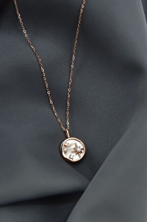 925 Ayar Gümüş Rose Kaplama Plaka Üzeri Zirkon Taşlı Kutup Yıldızı Kolye