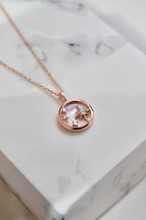 925 Ayar Gümüş Rose Kaplama Plaka Üzeri Zirkon Taşlı Kutup Yıldızı Kolye