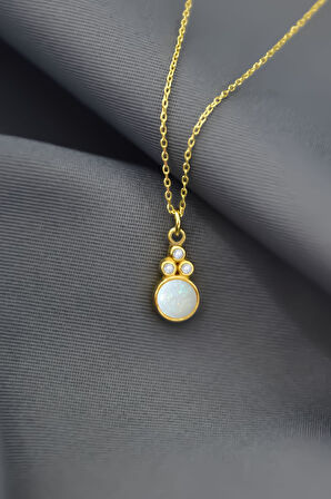 925 Ayar Gümüş Gold Kaplama Beyaz Opal Taşlı Yuvarlak Kolye